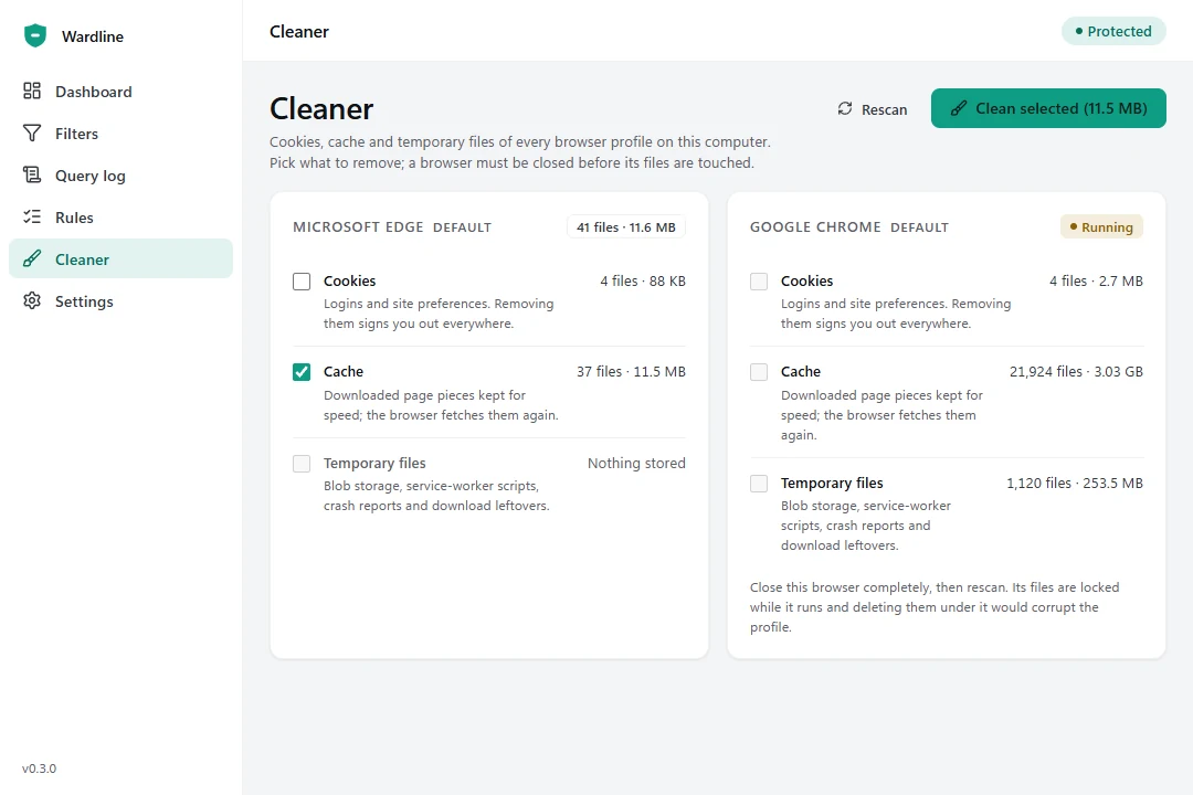 Cleaner page with a card per browser profile showing cookies, cache and temporary files with counts and sizes