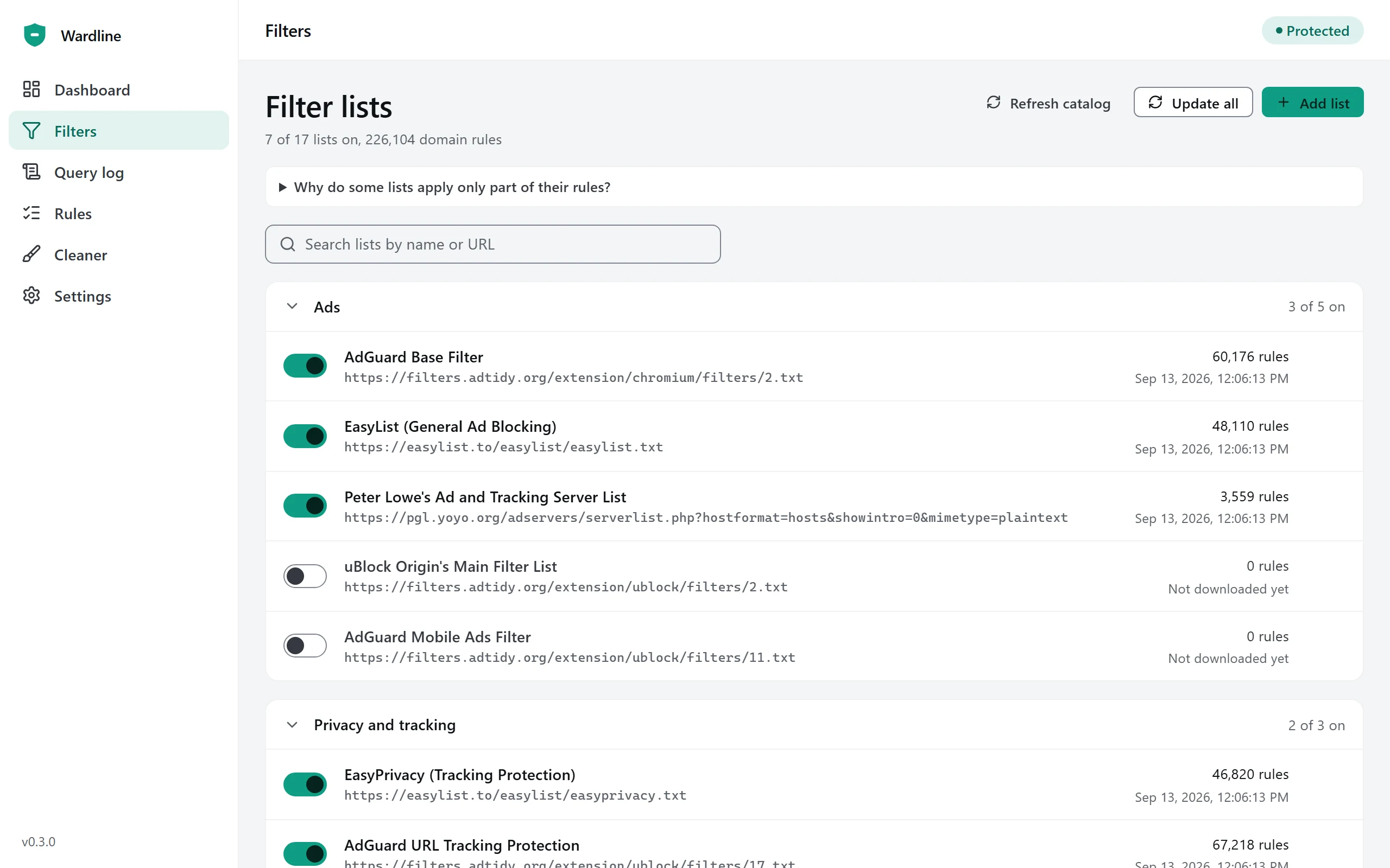 Filter lists grouped by category with switches, rule counts and the last update time