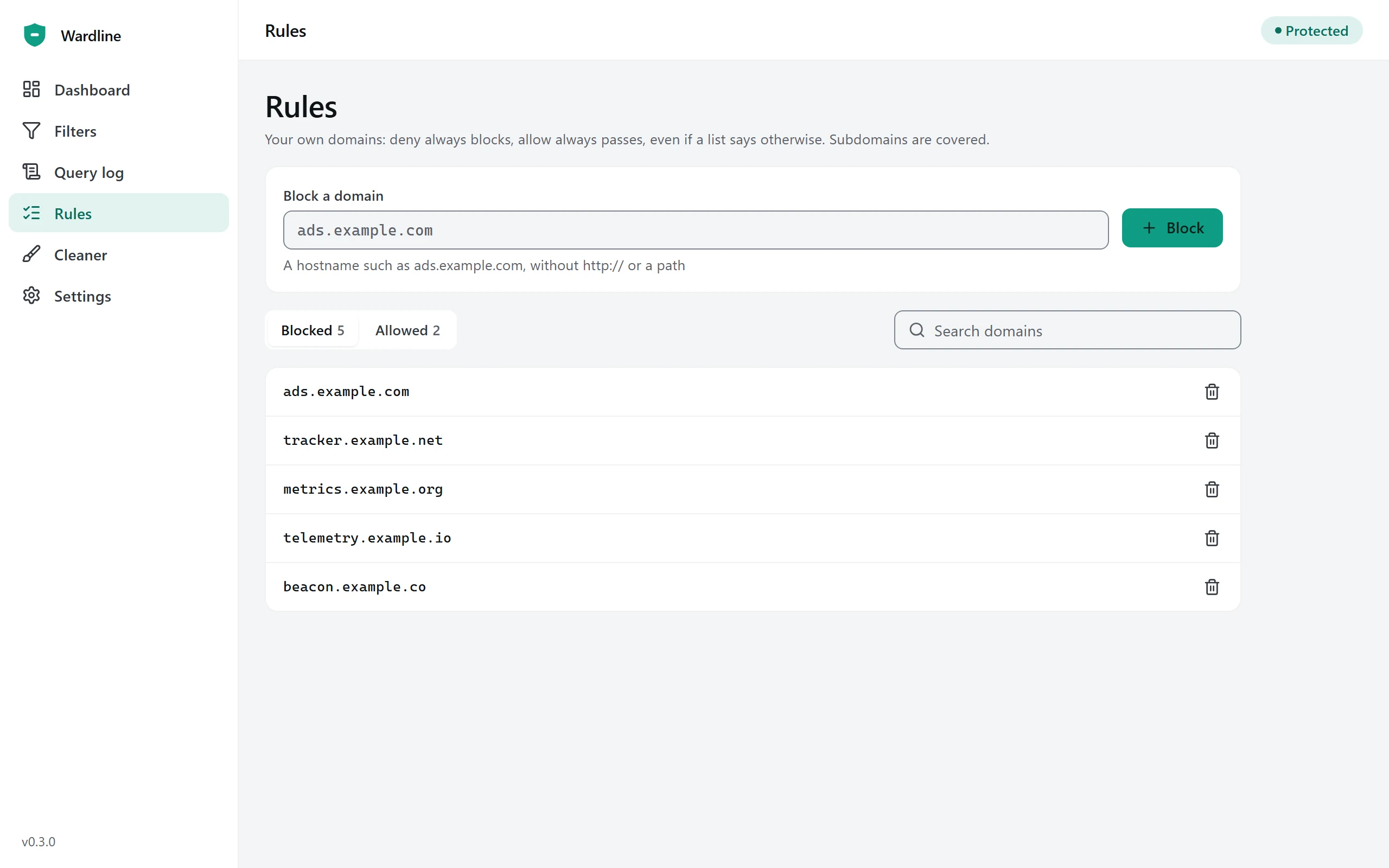 Rules page with Blocked and Allowed tabs, a domain input and the list of user rules